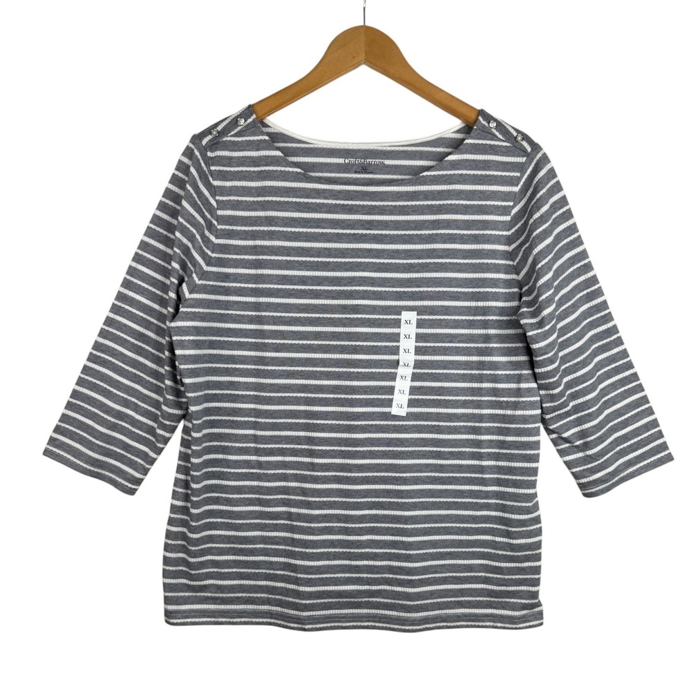 NWT Croft & Barrow Womens Striped Boat Neck Top Size XL Blue White 3/4 Sleeve